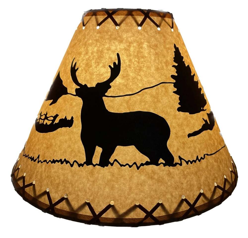 14" Rustic Wildlife Deer Elk Lamp Shade, Laced Parchment, Western Cabin Lodge